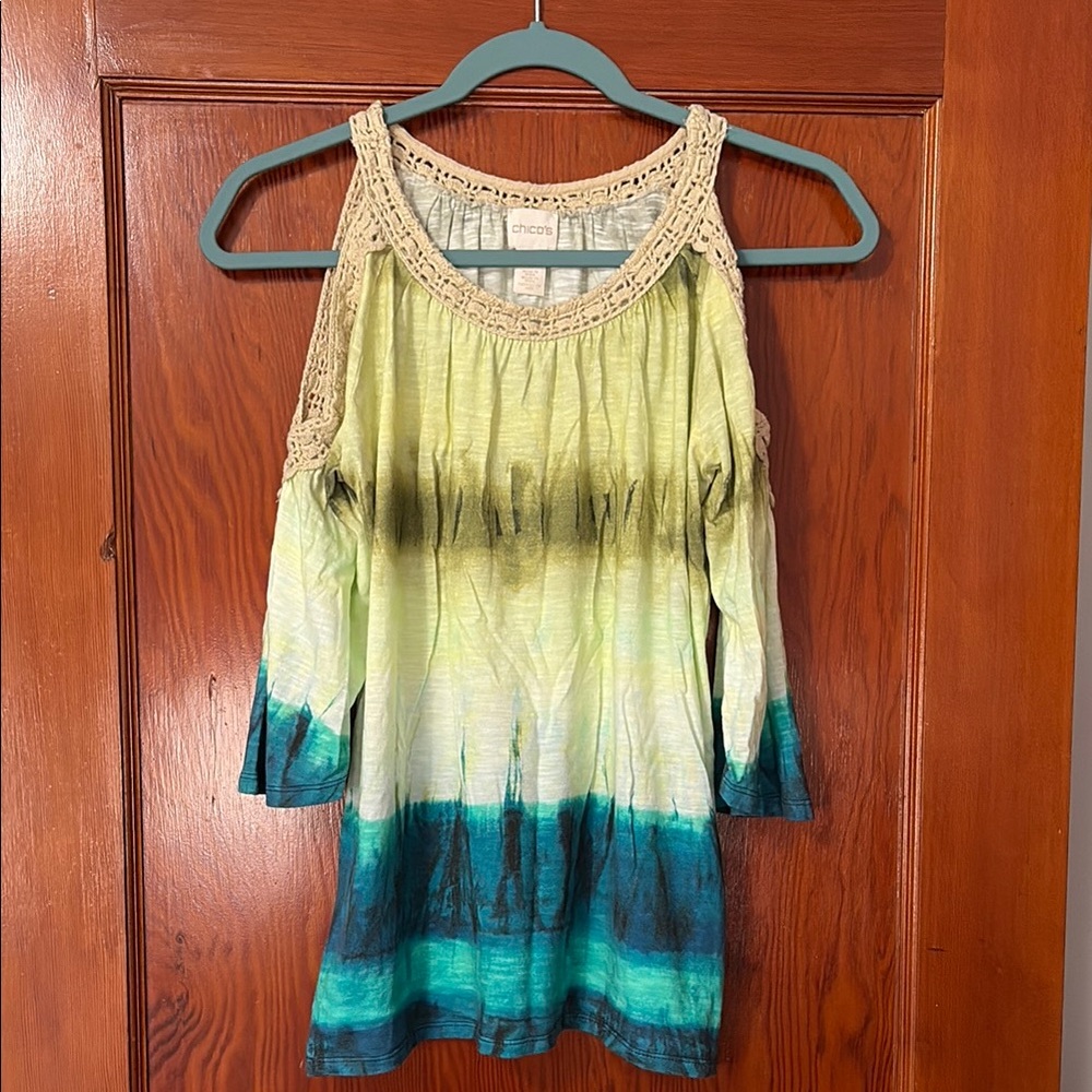 Chico's Green, Blue and Yellow Smocked blouse